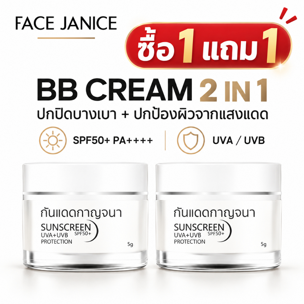【ซื้อ1แถม1】FACE JANICE BB Cream 2in1 บีบีครีมกันแดด SPF50+ PA++++ ปกปิดบางเบา ผิวดูเรียบเนียน 5g x2
