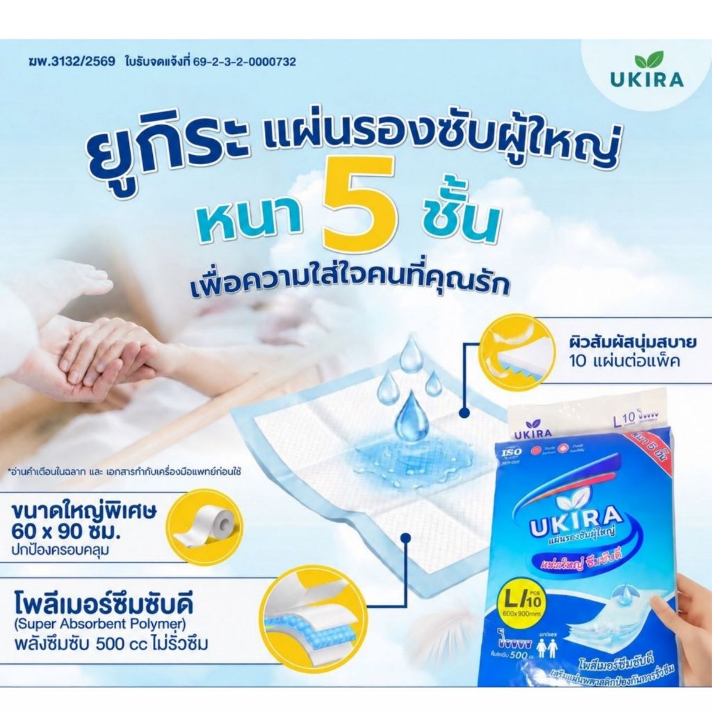 แผ่นรองซับผู้ใหญ่ ซึมซับได้ถึง 500cc 10แผ่น แผ่นรองซับ L- 60x90cm หนา5ชั้น ซึมซับดี ไม่ระคายเคืองผิว