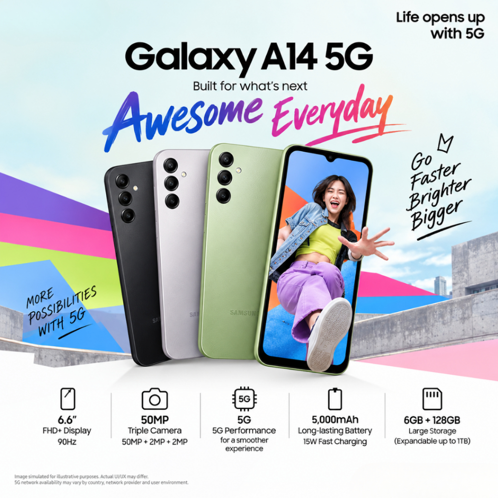 Galaxy A14 5G 6GB 128GB สมาร์ทโฟน Samsung จอ 6.6 นิ้ว กล้องหลัก 50MP แบตเตอรี่ 5000mAh