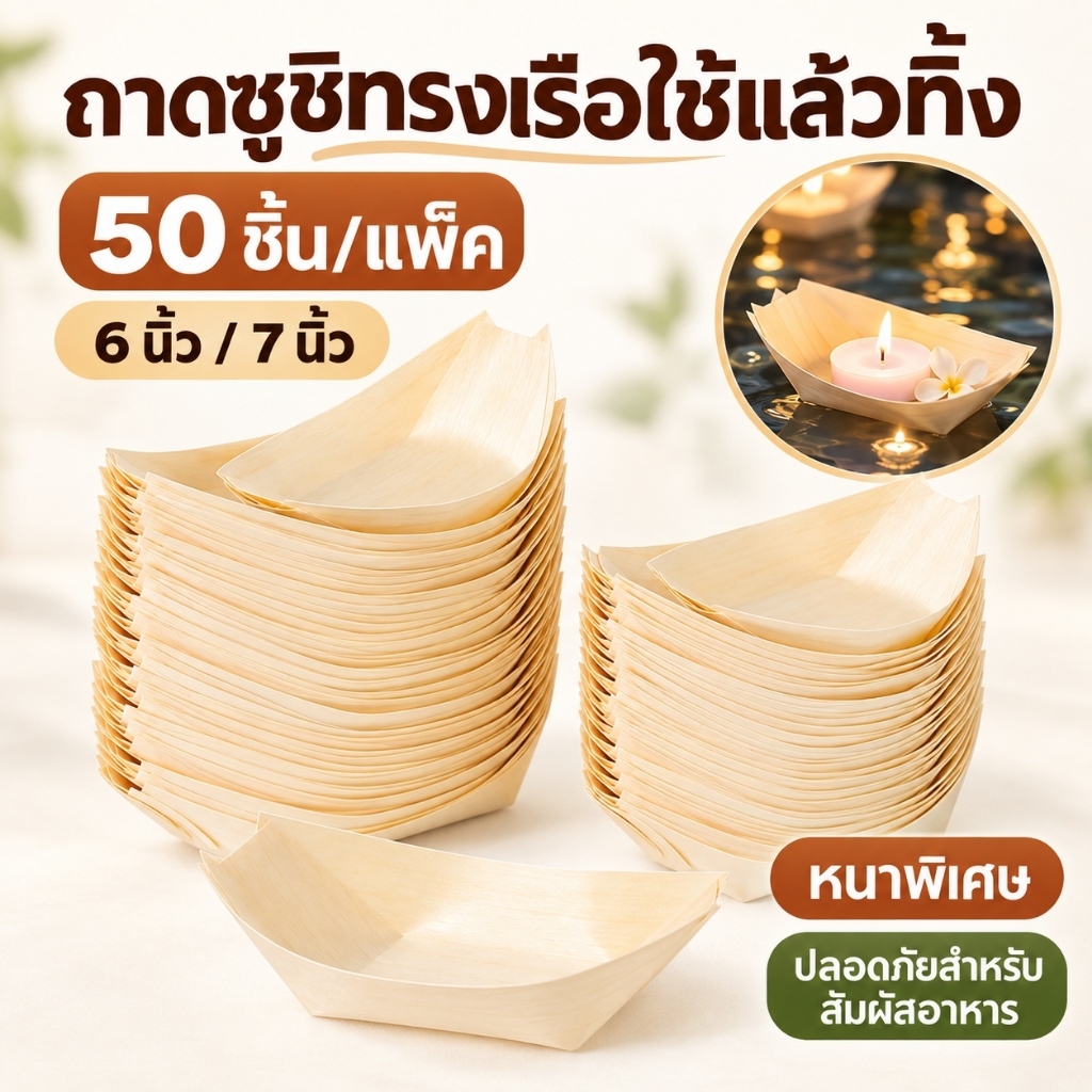 พร้อมส่ง！กระทงเรือไม้ธรรมชาติ 50 ชิ้น/แพ็ค เกรดอาหาร ขนาด 6/7 นิ้ว  กระทงไม้ทรงเรือ จานทรงเรือ