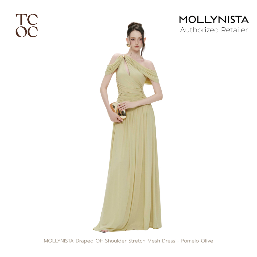 MOLLYNISTA Draped Off-Shoulder Stretch Mesh Dress - Pomelo Olive / M | OFFICIAL STORE พร้อมส่ง