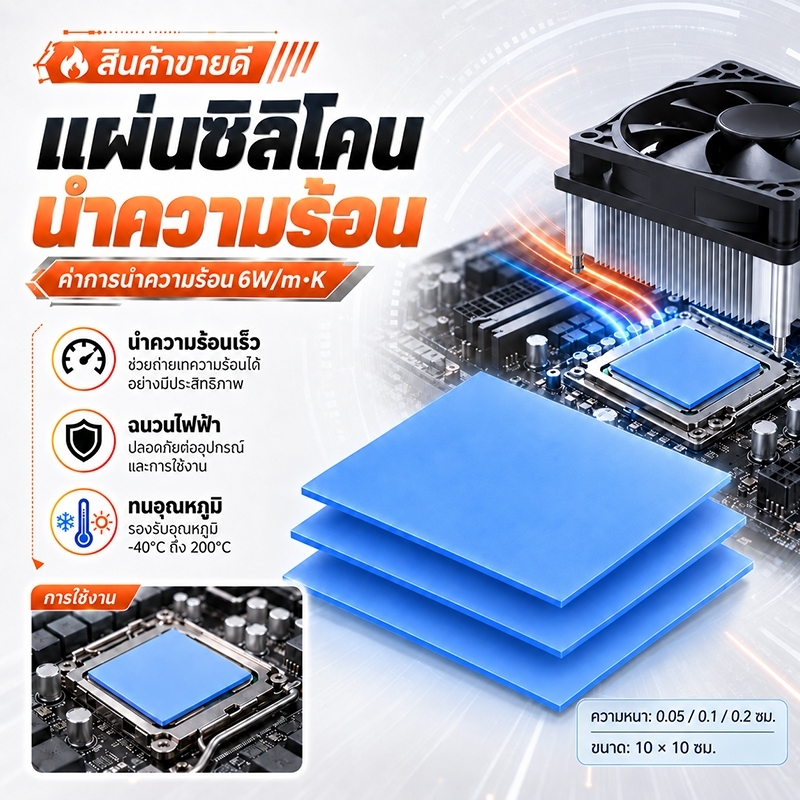 Thermal Pad แผ่นซิลิโคนนำความร้อน 10x10 ซม. หนา 0.05/0.1/0.2 ซม. นำความร้อนสูง 6W/m·K