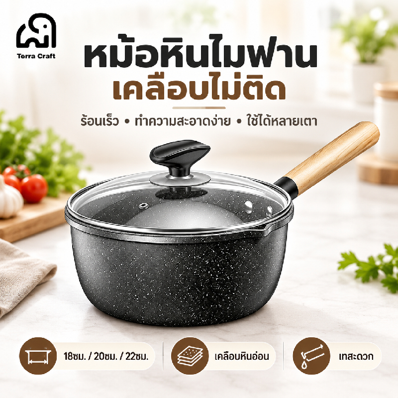 Terra Craft กระทะเซรามิคหินไมฟานคุณภาพสูง / กระทะเคลือบหินอ่อนไม่ติด / ทนความร้อนสูง ขนาด 18/20/22ซม