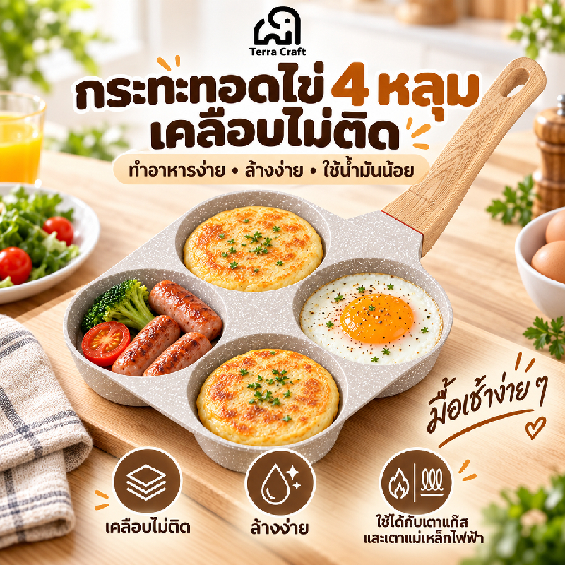Terra Craft กระทะสี่หลุม 4in1 กระทะไข่ดาว ไม่ติดกระทะ เคลือบหินอ่อน เบคอน แฮมเบอร์เกอร์ แพนเค้ก ใช้ได้ทุกเตา