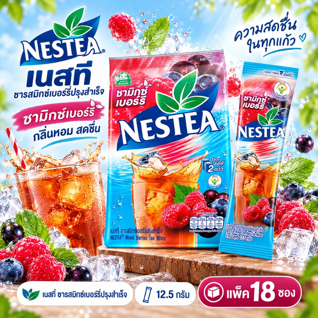 ์Nestea เนสที ชารสมิกซ์เบอร์รี่ปรุงสำเร็จ 12.5 กรัม (แพ็ค 18 ซอง)