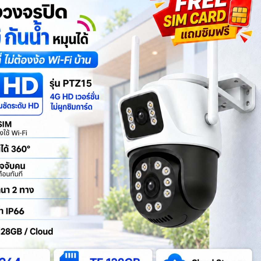 SINOVISION กล้องวงจรปิด 4G ใส่ซิม PTZ15 กล้องคู่ หมุน 360° ดูผ่านมือถือ สำหรับบ้าน ตรวจจับคน เสียงสอ