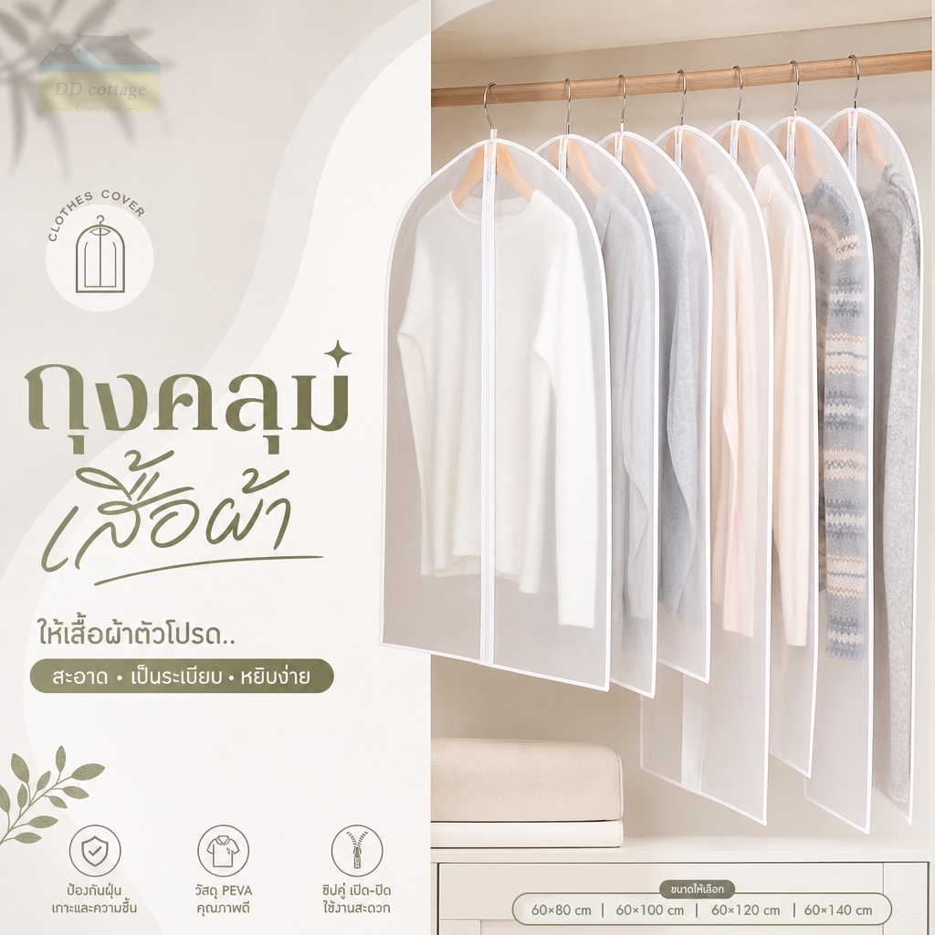 ถุงคลุมเสื้อผ้ากันฝุ่น มีซิปปิดสนิท สำหรับใส่เสื้อผ้า กระโปรง กางเกง ชุดสูท ป้องกันฝุ่น และป้องกันรอยยับได้ดี