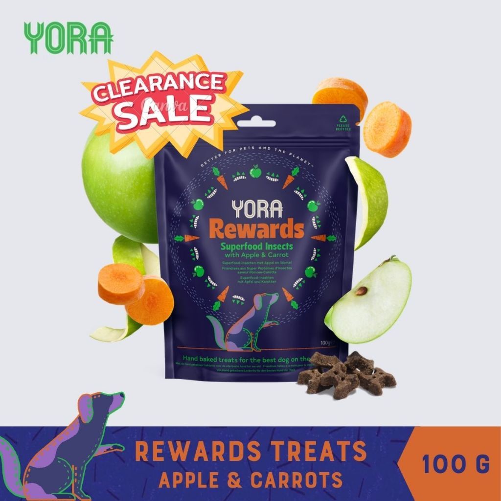 [CLEARANCE] YORA Rewards Baked Dog Treats Apple & Carrots 100 g โยรา รีวอร์ดส ขนมบิสกิตจากโปรตีนแมลง