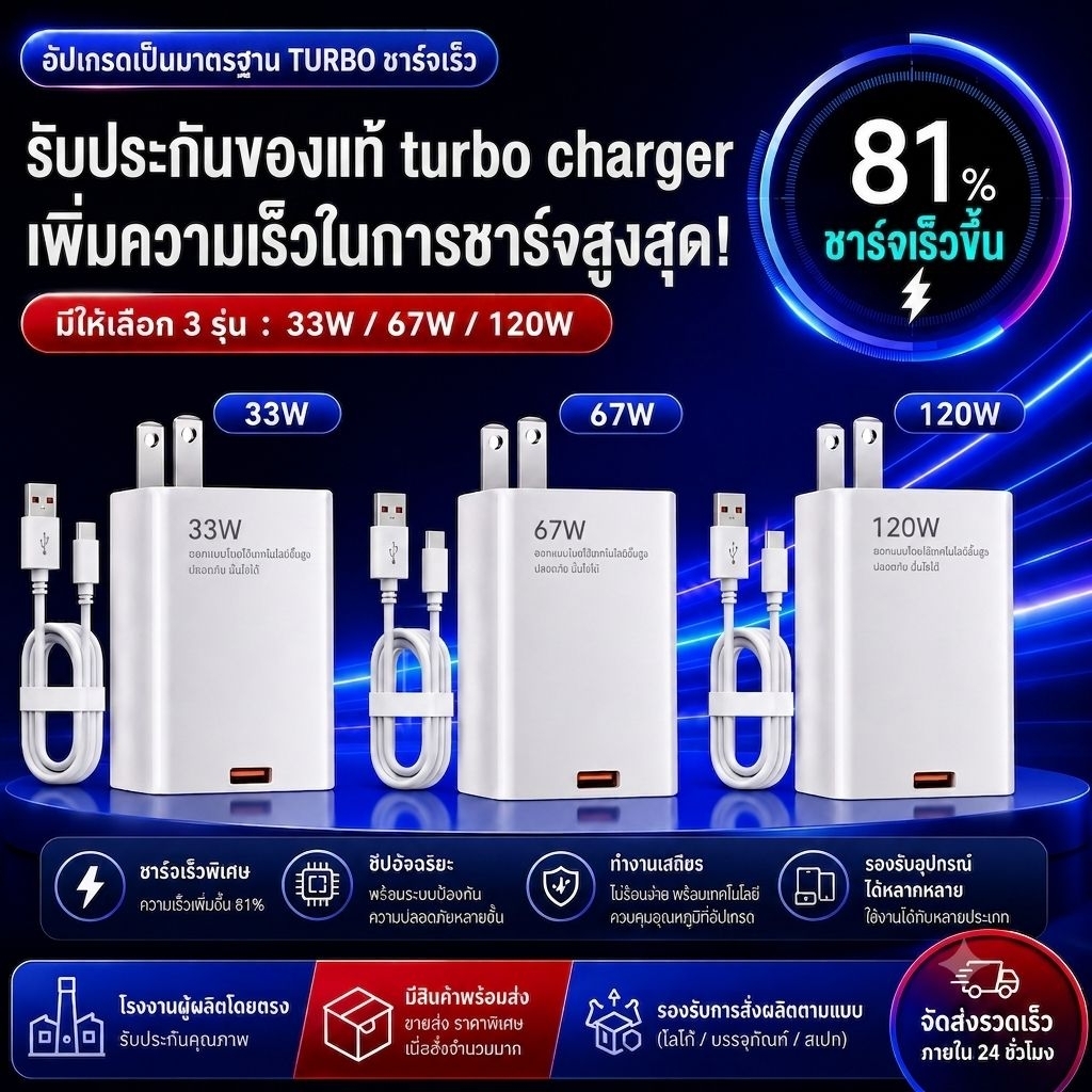 ชาร์จเร็ว 33W+หัวชาร์จ 33W สำหรับ USB Type C ใช้งานง่าย