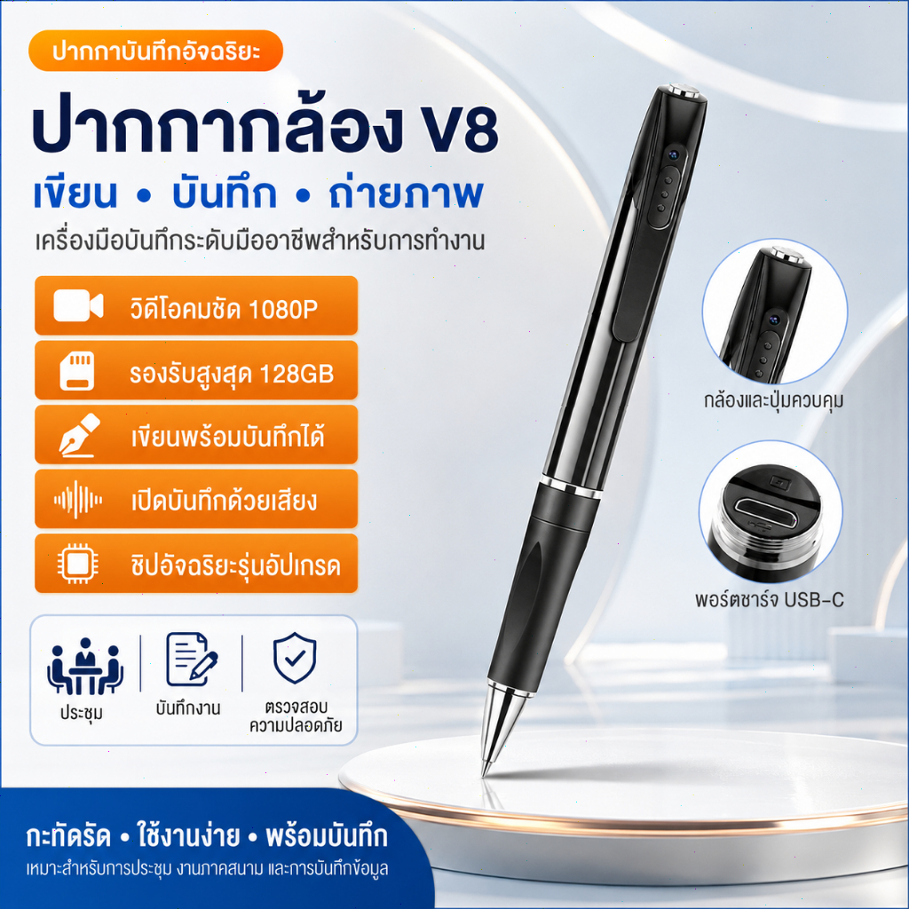 กล้อง V8 Body Mini กล้องปากกา HD กล้องแบบพกพาบันทึกเสียงไร้สายกล้องประชุมคลิกเดียว