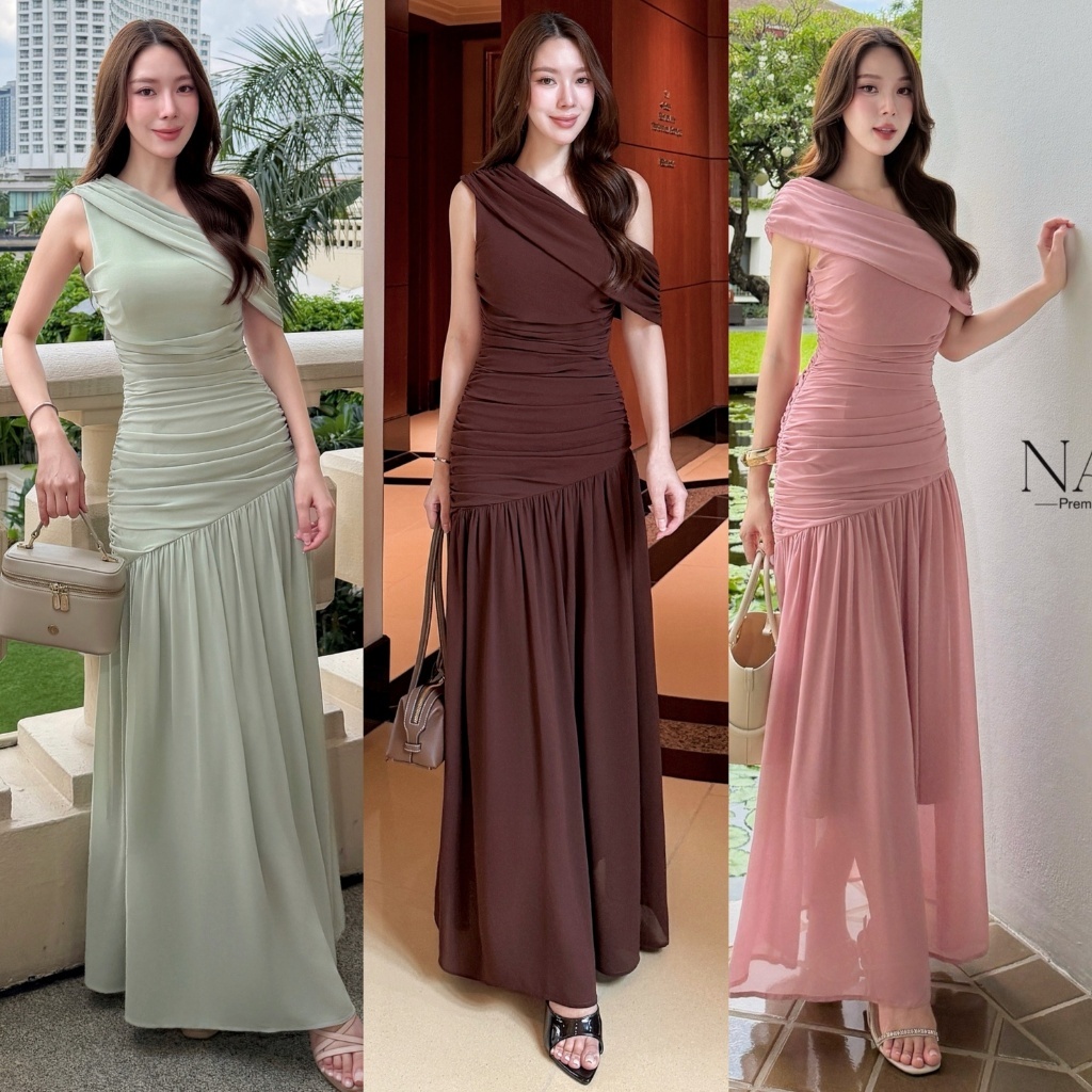 🚩ร้านโค้ดคุ้ม🚩 NABI เดรสยาวไหล่เฉียง มีฟองน้ำ ซับใน ใส่ออกงาน งานแต่ง ออกงาน ออกเดท ดินเนอร์