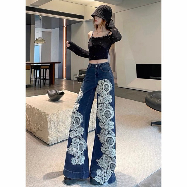 กางเกงยีนส์ขากว้าง Wide Leg เอวสูง แต่งลูกไม้ขนาดใหญ่ด้านหน้า สุดหรู 444 ขนาดS-4XL