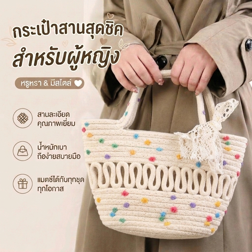 พร้อมส่ง🚚กระเป๋าถักเชือกโบว์ลูกไม้ ลายจุดสีรุ้ง สไตล์ริมหาด ขนาดกลางใส่โทรศัพท์ เครื่องสำอางได้ พกไปเที่ยวชายหาด COD