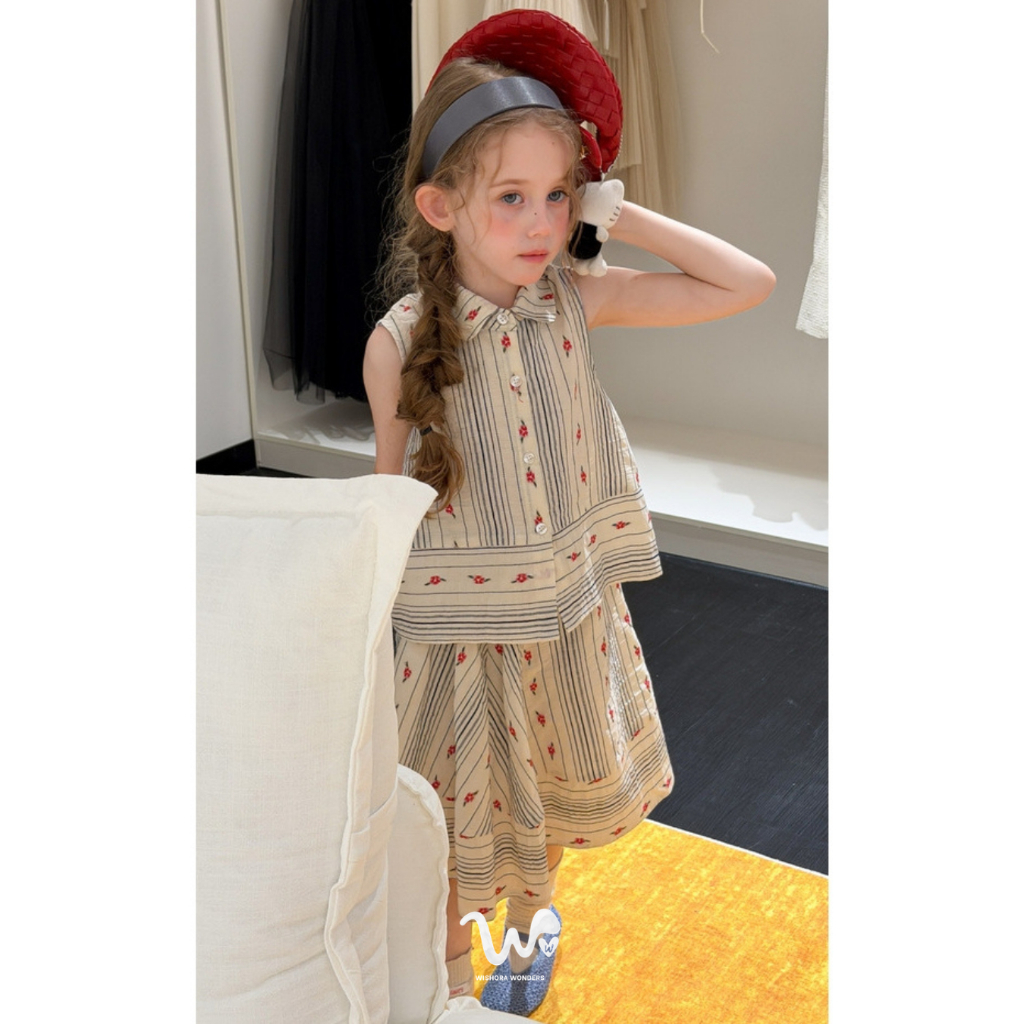 WISHORA WONDERS 26ss DLT260256 Paris Stripe Blossom Set เสื้อผ้าเด็กผู้หญิง เซ็ตเด็กหญิง เสื้อแขนกุดกระโปรง ลายทางน่ารัก