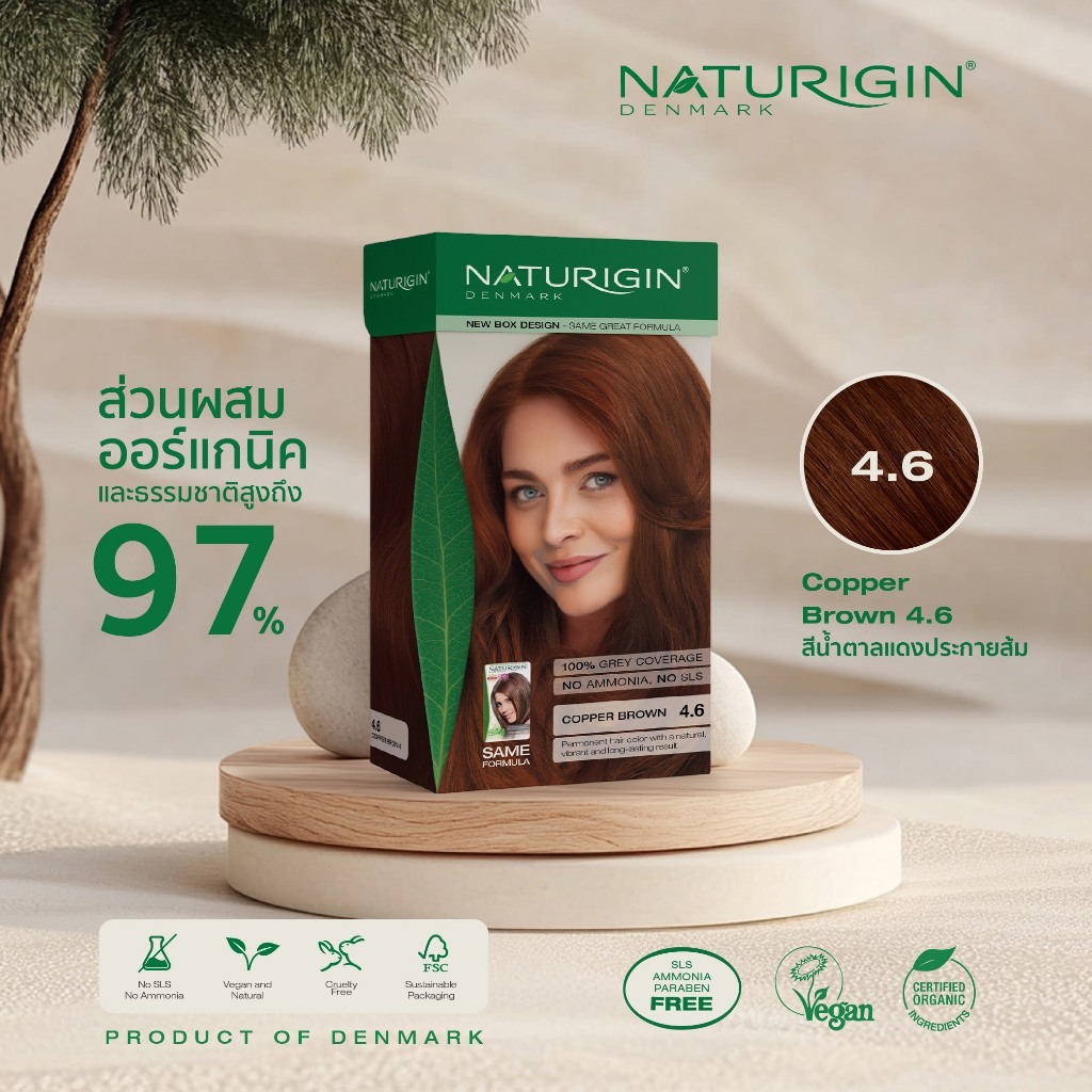 NATURIGIN Copper Brown 4.6 สีน้ำตาลแดงประกายส้ม สีผมออร์แกนิค นำเข้าจากเดนมาร์ก ทำได้เองที่บ้าน