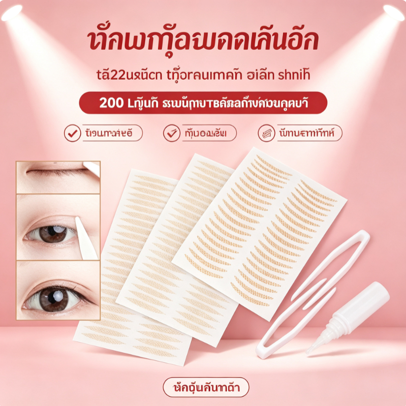 เทปติดตาสองชั้น ตา2ชั้น ตาข่ายลูกไม้ เนียนสนิท (200 ชิ้น) พร้อมกาวและที่คีบ (ติดง่าย ไม่โป๊ะ)