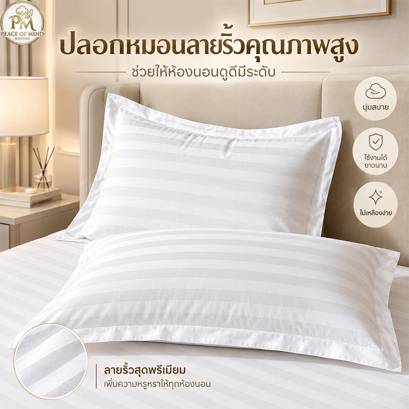 ปลอกหมอนสีขาว ทำจากผ้าฝ้ายแท้ 100% คุณภาพระดับโรงแรมและเกสต์เฮาส์ ลายทาง เนื้อผ้านุ่ม ซักได้ และไม่ยับง่าย ขนาด 48×74 ซม
