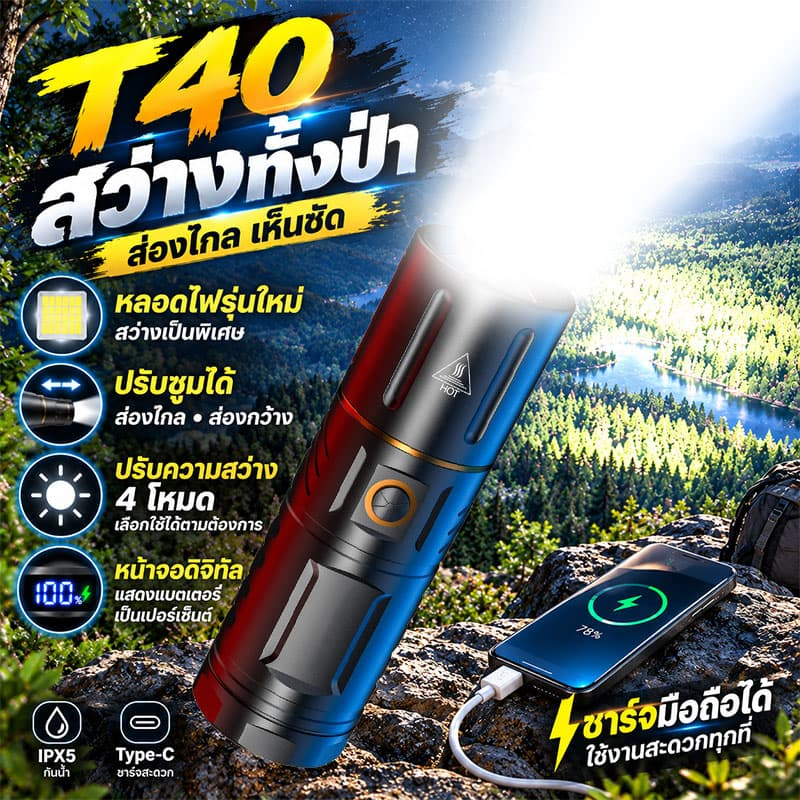 ไฟฉาย ซูมได้ ปรับได้ 5 ระดับ ไฟฉายแรงสูง แท้ ไฟฉายแบบชาร์จ ไฟฉายแรงสูง ไฟฉาย led ชาร์จได้ ไฟฉายสว่างมากๆ ไฟฉายพกพาจิ๋ว