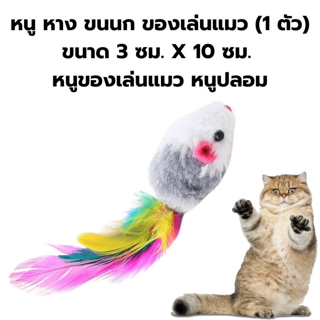 หนู หางขนนก ของเล่นแมว (1 ตัว) ขนาด 3 ซม. x 10 ซม. หนูของเล่นแมว หนูปลอม