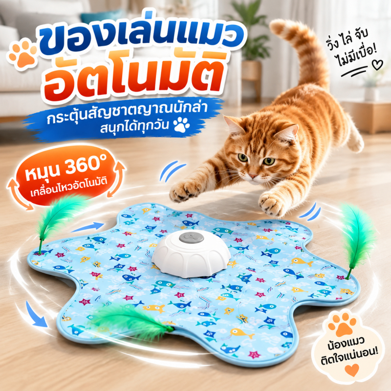 ของเล่นแมวอัตโนมัติ 360° แผ่นขนนก 1 จุด เคลื่อนไหวสุ่ม กระตุ้นสัญชาตญาณล่า เล่นเพลินในบ้าน