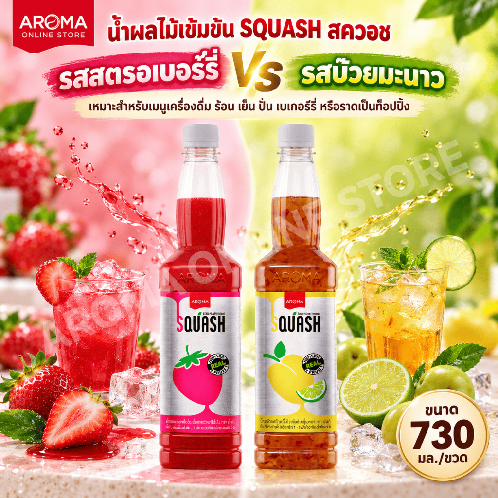 Aroma น้ำผลไม้ เข้มข้น พร้อมเนื้อผลไม้ SQUASH สควอช (ขวดบรรจุ 730 ml.)