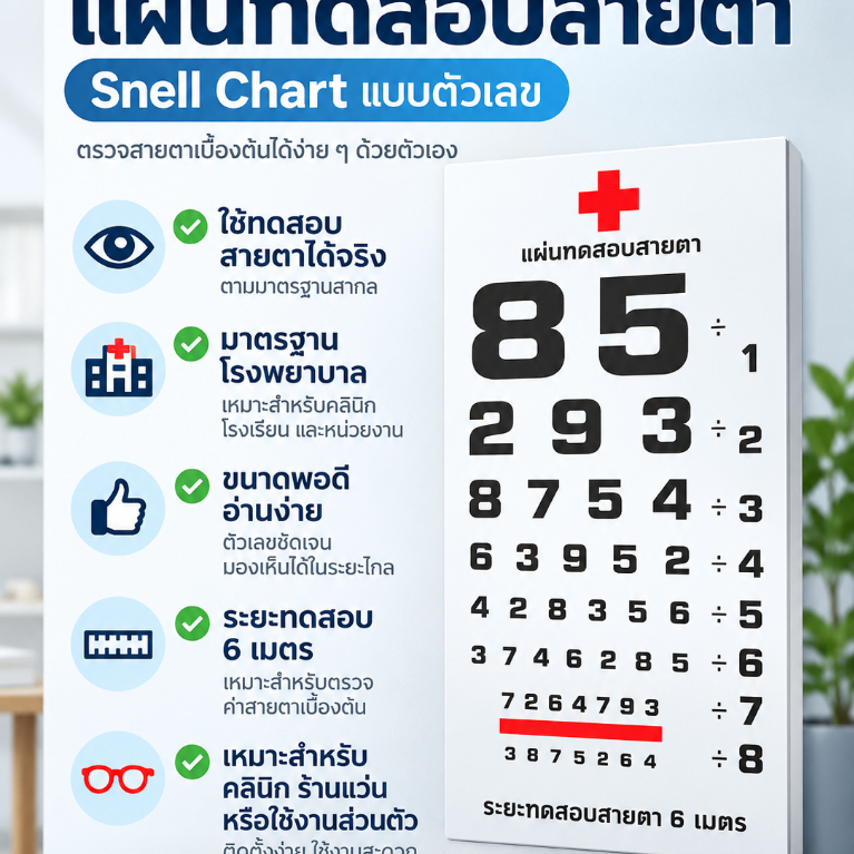 แผ่นวัดสายตา ตัวเลข Snellen Chart 30x60 ซม. แผ่นทดสอบสายตา สำหรับคัดกรองการมองเห็น