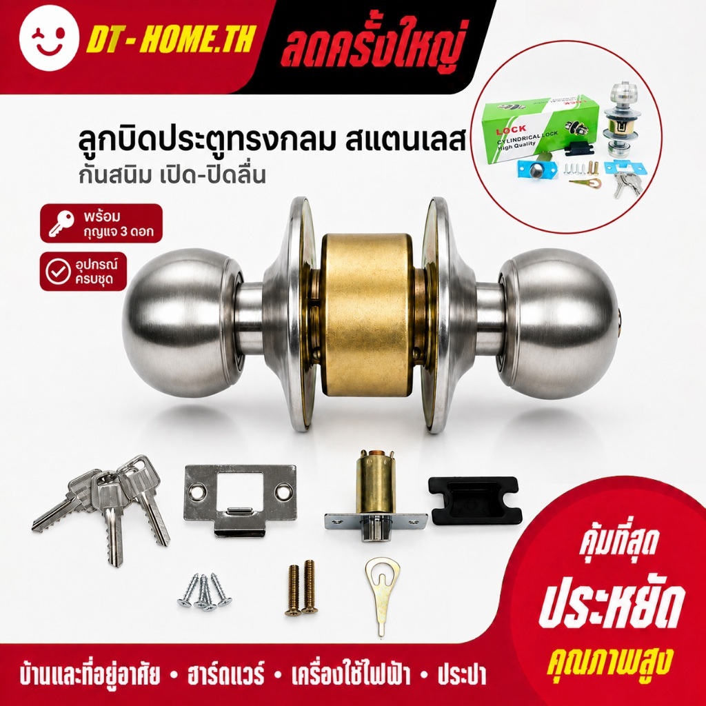 ลูกบิดประตู สแตนเลส 641ss ไส้ทองเหลืองแท้ 3มีกุญแจ ห้องนอน ห้องน้ำ กันสนิม แข็งแรง ทนทาน ลูกบิดหัวกลม