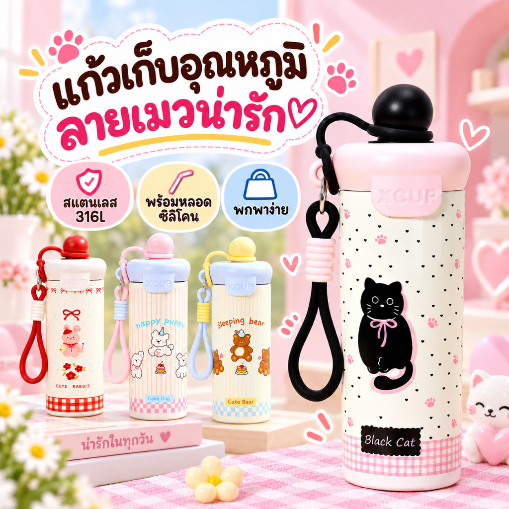⚡️พร้อมส่ง⚡️แก้วเก็บความเย็น 600ml สแตนเลส 316 ลายการ์ตูน พร้อมหลอดซิลิโคน สายคล้อง เก็บร้อนเย็น กันรั่ว