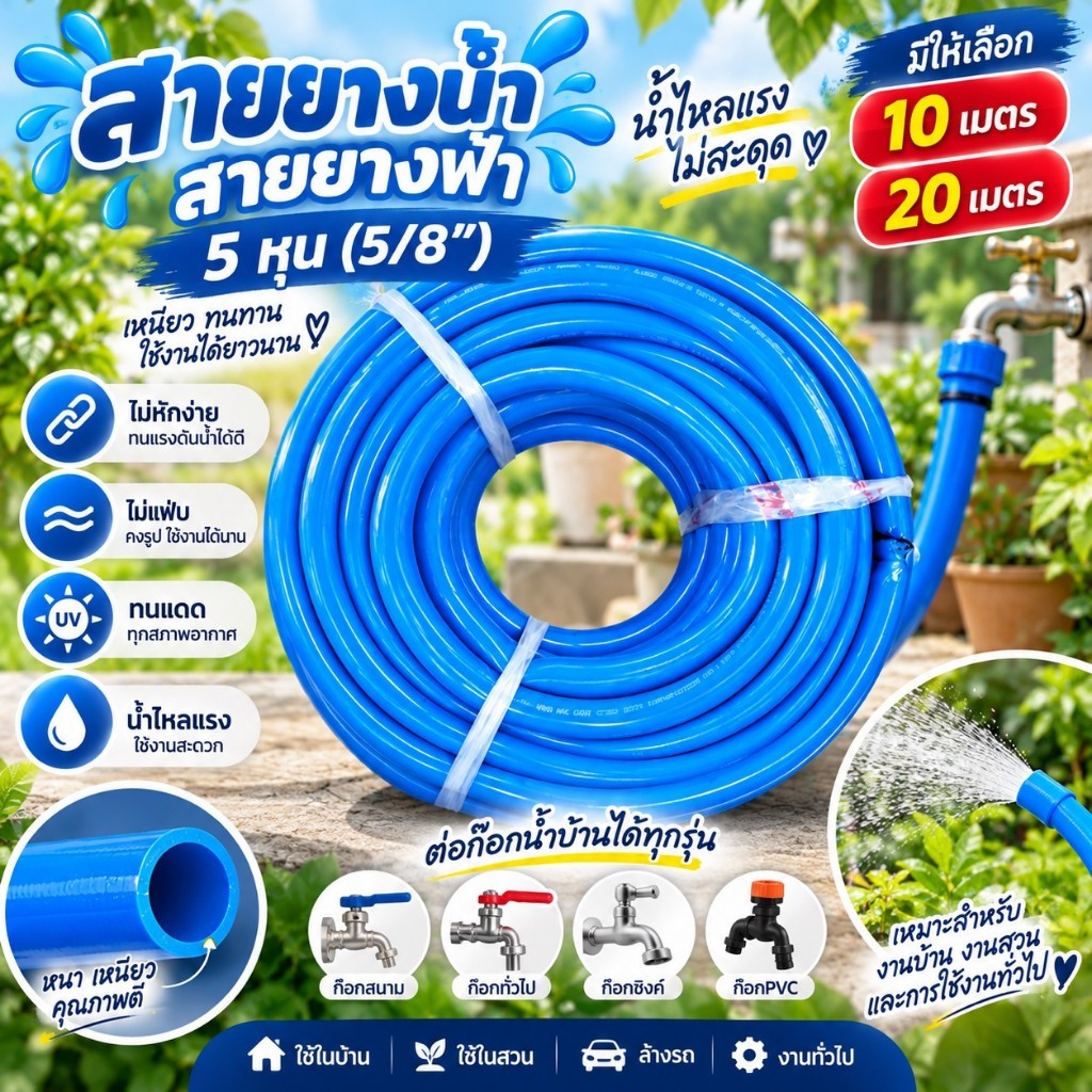 สายยางฟ้า 5 หุน (5/8”) 10 เมตร และ 20 เมตร สายยางน้ำ ไม่หักง่าย ไม่แฟ่บ (ต่อก๊อกน้ำบ้านได้ทุกรุ่น)
