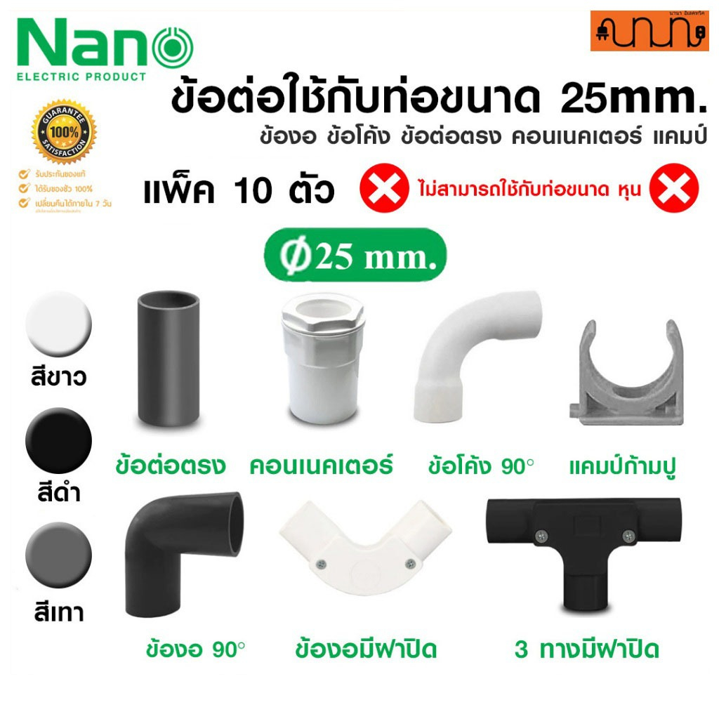 (ใช้กับท่อ 25mm.) ข้อต่อ Nano แท้💯% ข้องอ ข้อโค้ง ข้อต่อตรง คอนเนคเตอร์ แคมป์