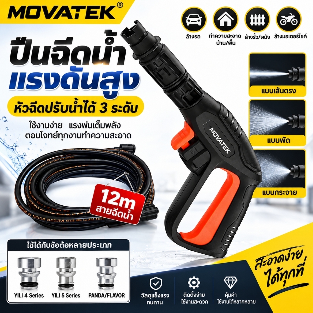 MOVATEK สายฉีดน้ำแรงดันสูง ทนแรงดันสูงสุด 400 Bar พร้อมปืนฉีดน้ำ 160 Bar สายเครื่องฉีดน้ำแรงดันสูง สำหรับเครื่องล้างอัดฉ