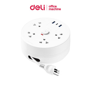 Deli ปลั๊กไฟ ปลั๊กไฟทรงกลม Type-C, USB-A ฐานหมุน ม้วนสายไฟ ชาร์จเร็ว ยาว1.5/ 2/ 3M 2300W Round Socket