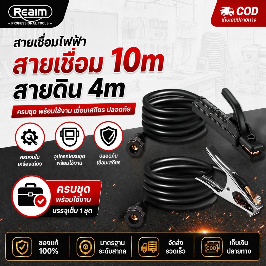 REAIM สายเชื่อม 10 เมตร สายดิน 4 เมตร ฟลูออรีนและอาร์กอน 3m สำเร็จรูปเข้าหัวพร้อมใช้งาน