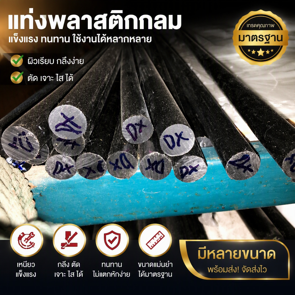 ซุปเปอร์ลีนแท่งกลมตัน หรือ ไนล่อนแท่งกลม (PE300) สีดำ ขนาด 45-80 มิล