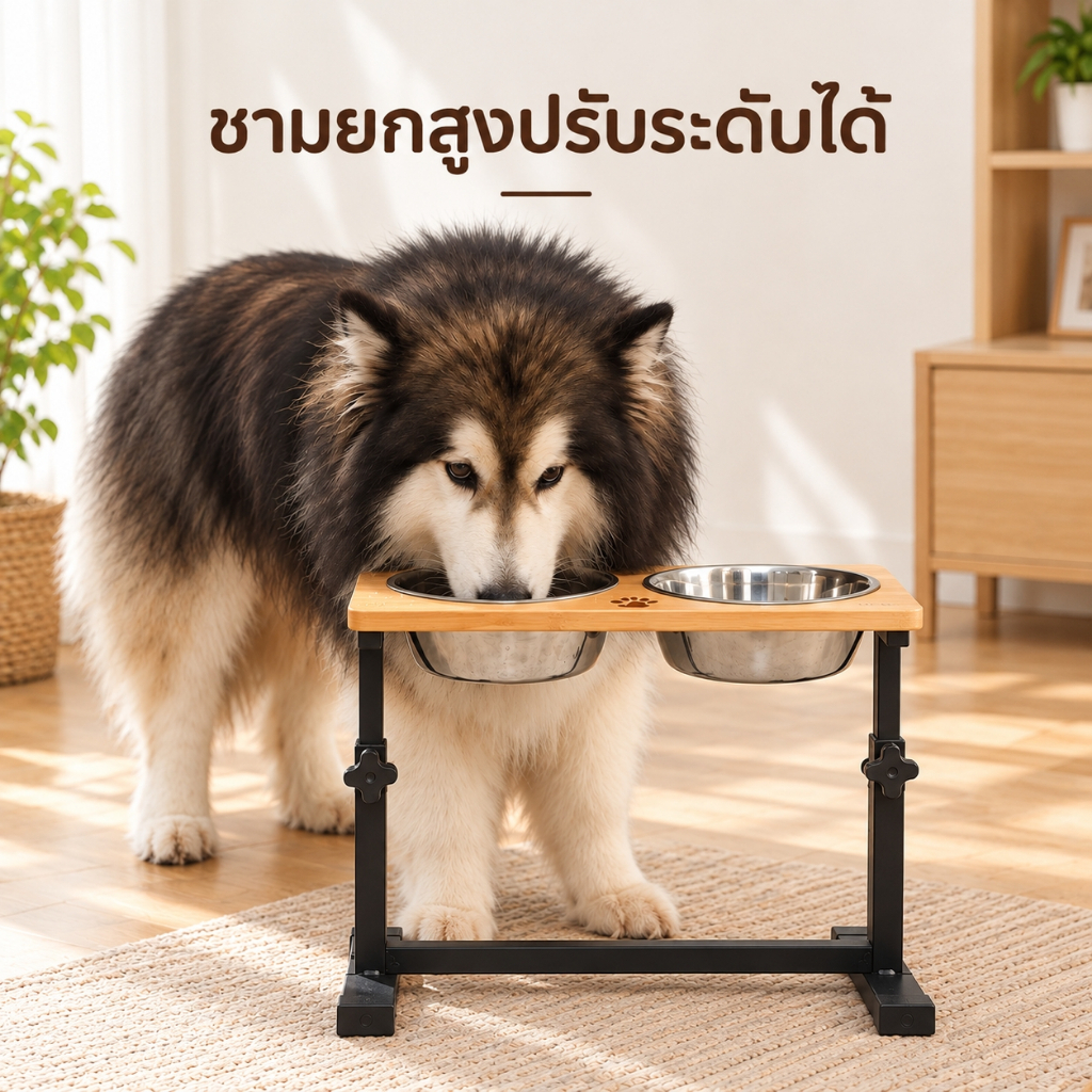 🌵 ชามไม้สุนัข (ปรับระดับ) ชามอาหารสุนัขปรับระดับได้ | ฐานไม้ ขาตั้งเหล็ก แข็งแรง | ปรับความสูงได้ 11.2–16 นิ้ว 🌵
