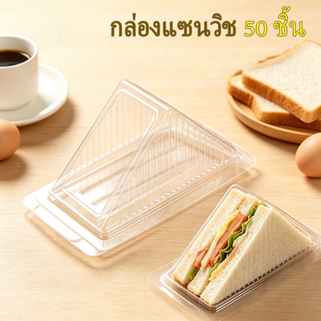 [แพ็ค 50/100 ชิ้น] กล่องแซนวิชทรงสามเหลี่ยม ใส่ขนมปังแซนวิช กล่องพลาสติกใส อาหาร เบเกอรี่