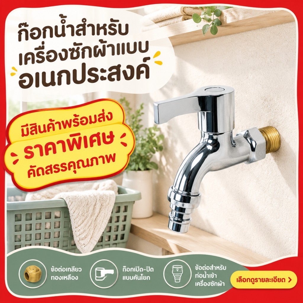 ก๊อกน้ำซักรีด ก๊อกบอล โครเมียม ต่อสายยางเครื่องซักผ้า เปิด-ปิดง่าย ทนทาน ก๊อกน้ำติดผนัง