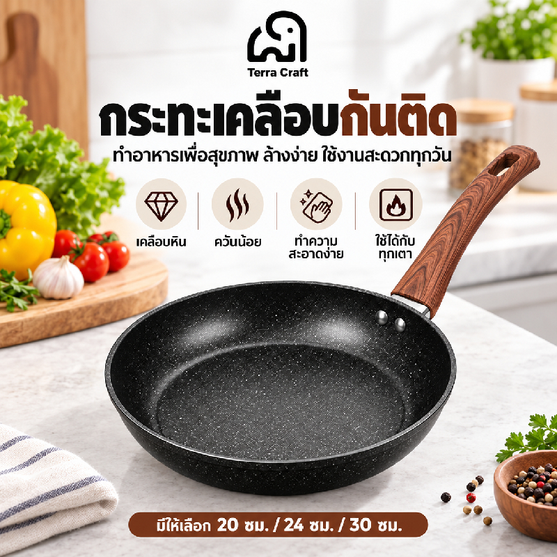 กระทะหินธรรมชาติ Terra Craft ไร้ควัน ไม่ติด ไม่ต้องใช้น้ำมัน ใช้ได้ทุกเตา รวมเตาแม่เหล็กไฟฟ้า มี 5 ขนาด 20-30 ซม.