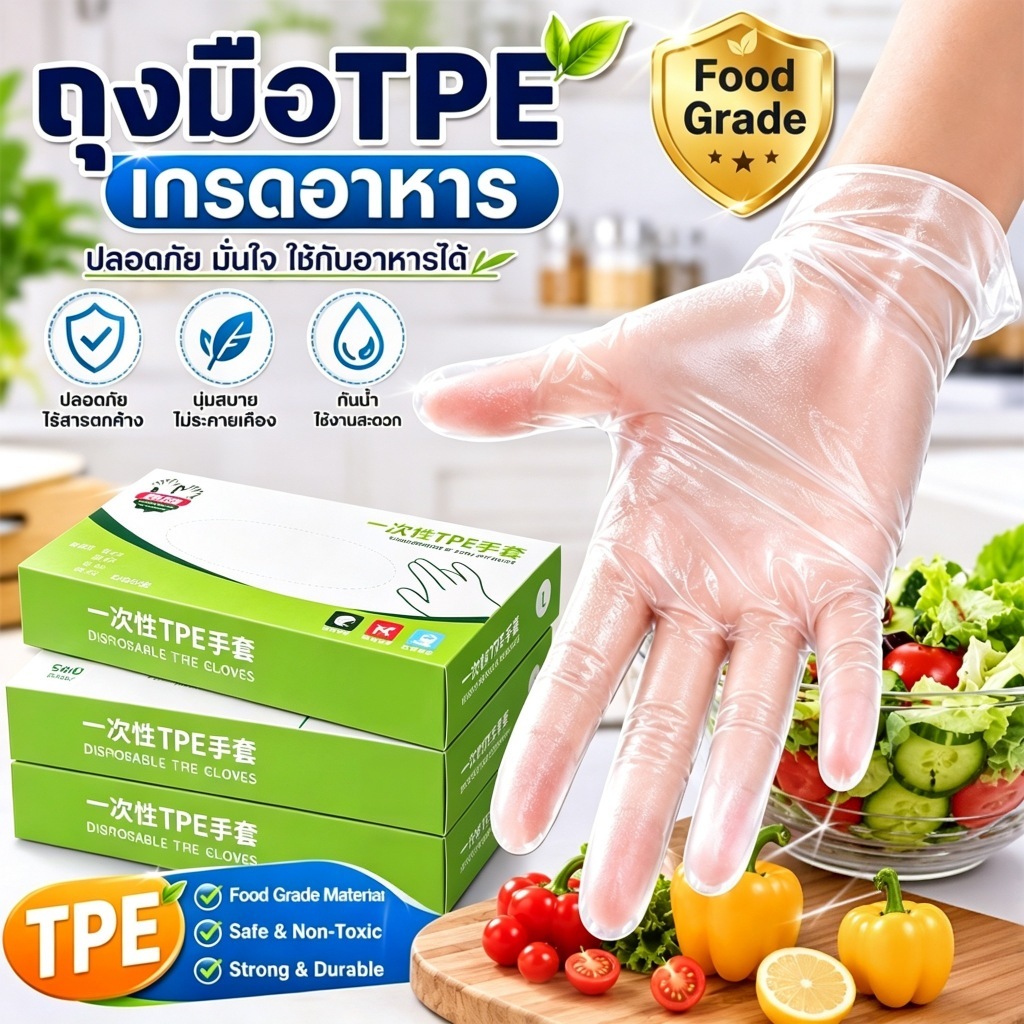 ถุงมือ TPE ถุงมือใช้แล้วทิ้ง  Food Grade ถุงมือทำอาหาร ถุงมือสัมผัสอาหาร ถุงมือพลาสติกใส ไม่ขาดง่าย