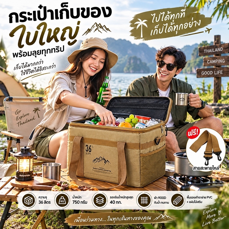 [โปรโมชั่น🔥] กระเป๋าเก็บของกลางแจ้งแบบพับได้ 42L - กระเป๋าเก็บของขนาดใหญ่กันน้ำ สำหรับตั้งแคมป์ ปิกนิก และเดินทาง