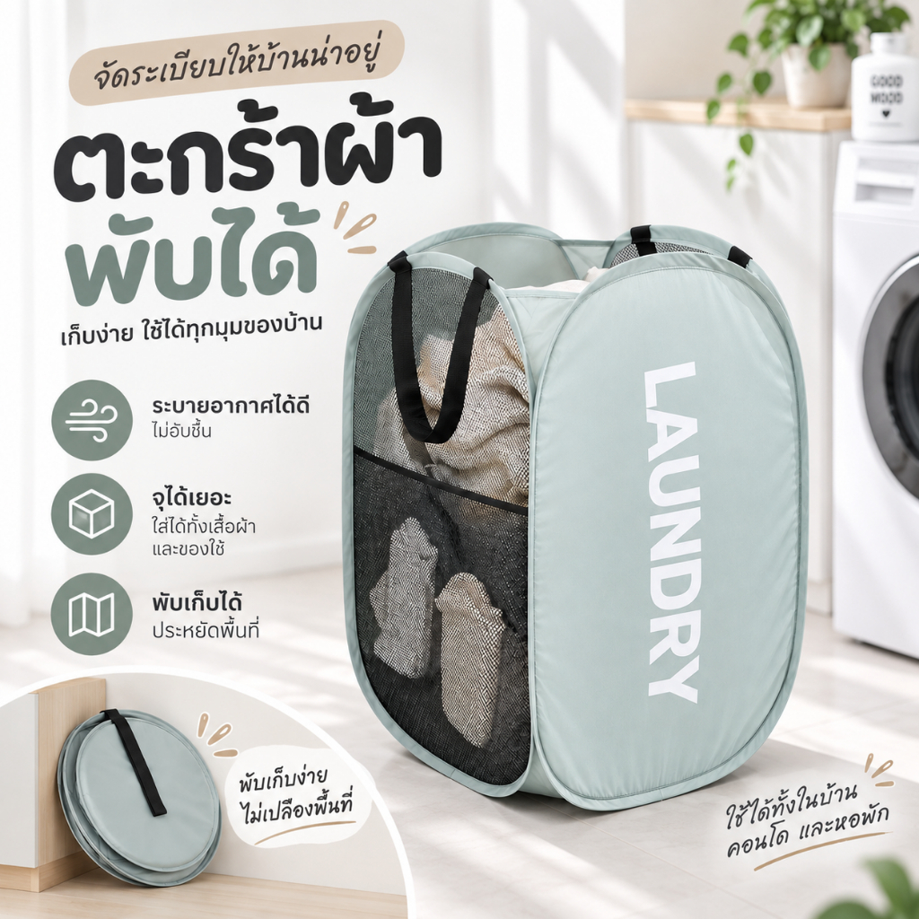 ตะกร้าผ้าพับเก็บได้ ตาข่ายโปร่ง ระบายอากาศ ไม่อับชื้น ใช้งานง่าย เหมาะสำหรับใส่เสื้อผ้า