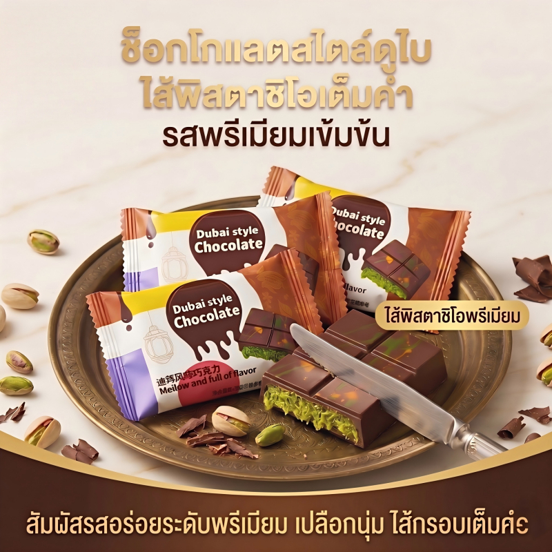 THTB-ช็อกโกแลต ช็อกโกแลตสไตล์ดูไบ รสพิสตาชิโอเข้มข้น แพ็คเกจแยกชิ้น พกพาสะดวก อร่อยคุ้มค่าแบ่งปันได้ทั้งครอบครัว