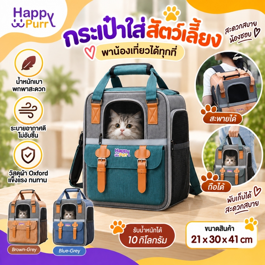 🐱พร้อมส่ง🐱 Happy Purr Happy Purr กระเป๋าเป้ใส่สัตว์เลี้ยง รุ่น HP-4542 ระบายอากาศได้ พับเก็บได้ มีช่องเก็บของด้านหน้า