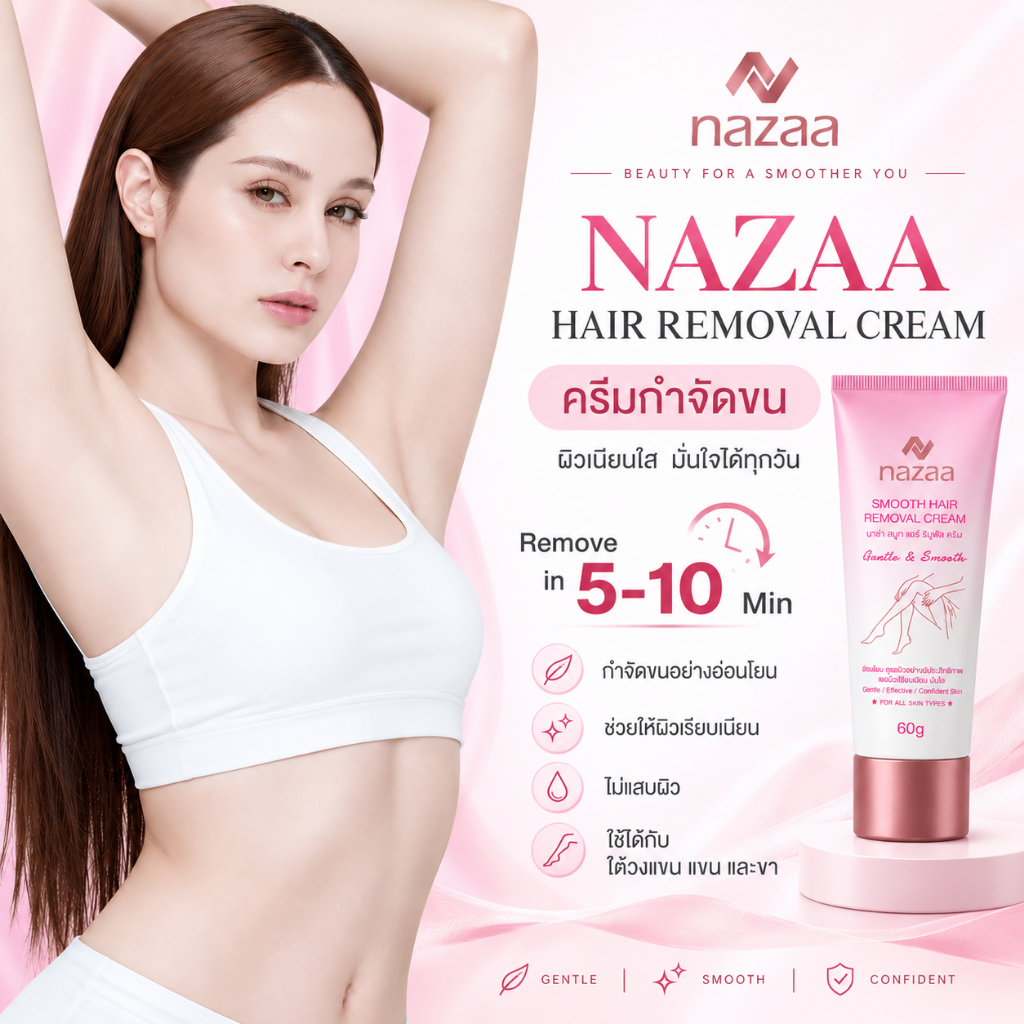NAZAA ครีมกำจัดขน 60g กำจัดขนใน 5 นาที ไม่แสบไม่คัน ผิวแพ้ง่ายใช้ได้ ผิวเรียบเนียน Hair Removal Cream