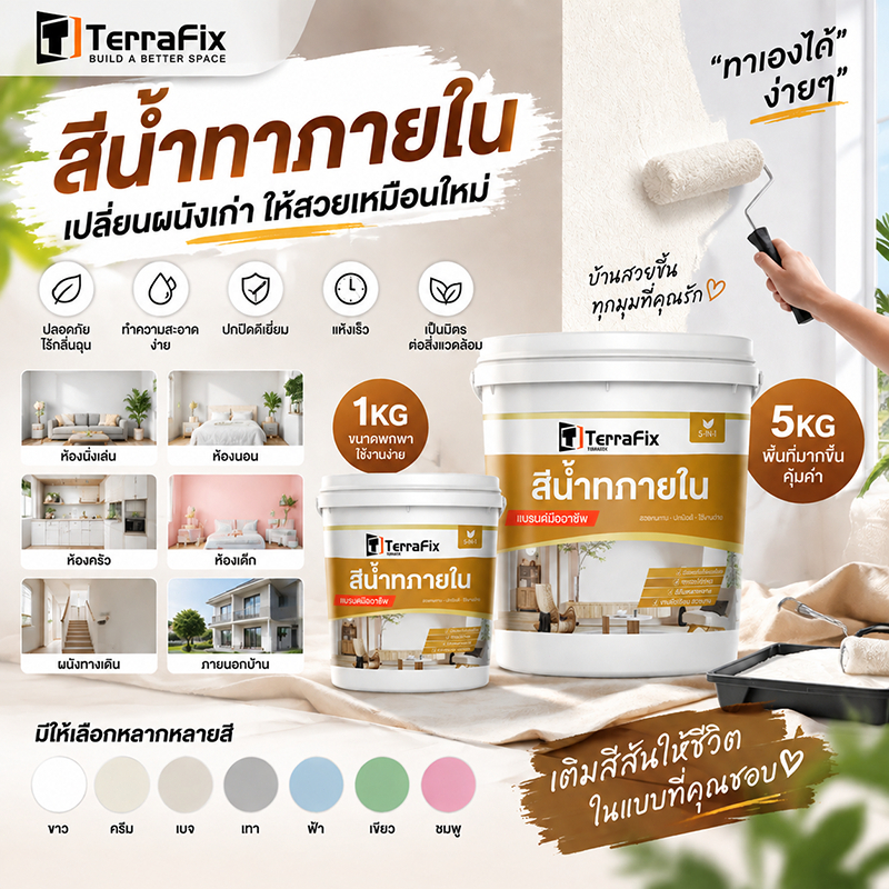 TerraFix สีลาเท็กซ์ทาภายใน สูตรน้ำ สีสวยเรียบเนียน ปกปิดดี กันชื้น ป้องกันเชื้อรา เช็ดล้างง่าย ทนทาน  2️⃣