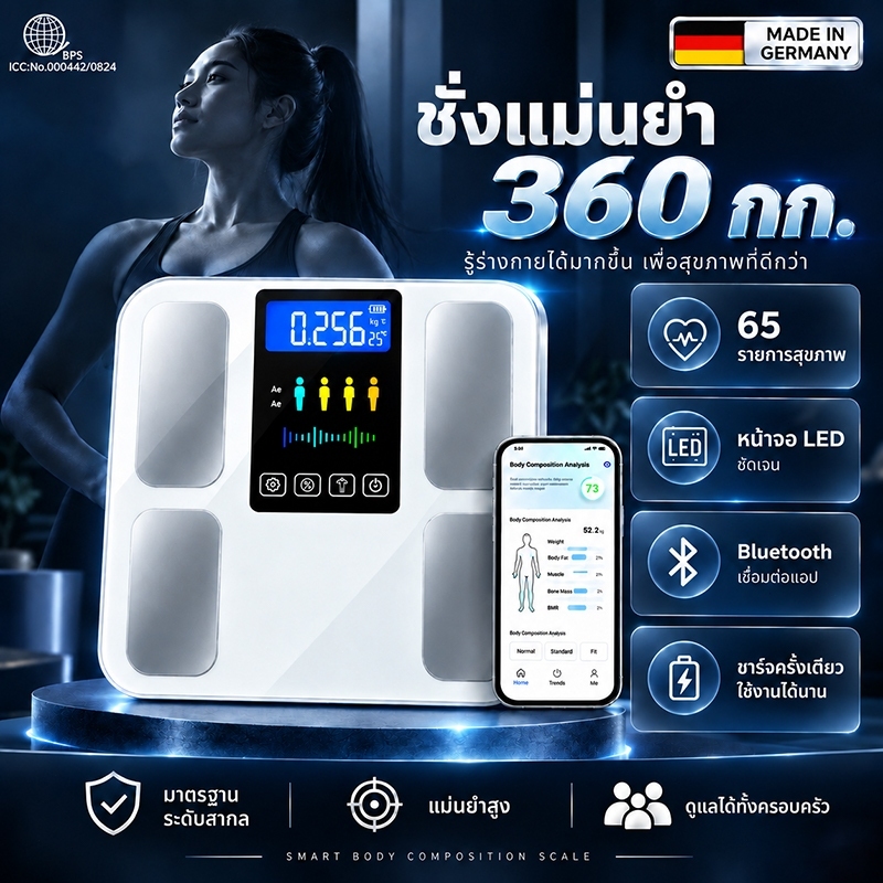 เครื่องชั่งน้ำหนัก เครื่องชั่งน้ำหนักดิจิตอล วัดไขมันและดัชนีมวลกาย 0.1 - 360 KG จอLCD แสดงอุณหภูมิ เครื่องชั่งดิจิตอล
