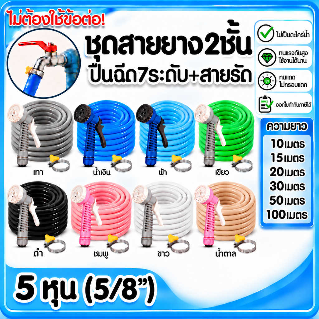 ชุดสายยางรดน้ำหนา2ชั้น 5หุน ชุดปืนรดน้ำพร้อมสายยาง ปืนฉีดน้ำปรับได้ 7 ระดับพร้อมสายยาง รดน้ำต้นไม้  ล้างรถ clearance