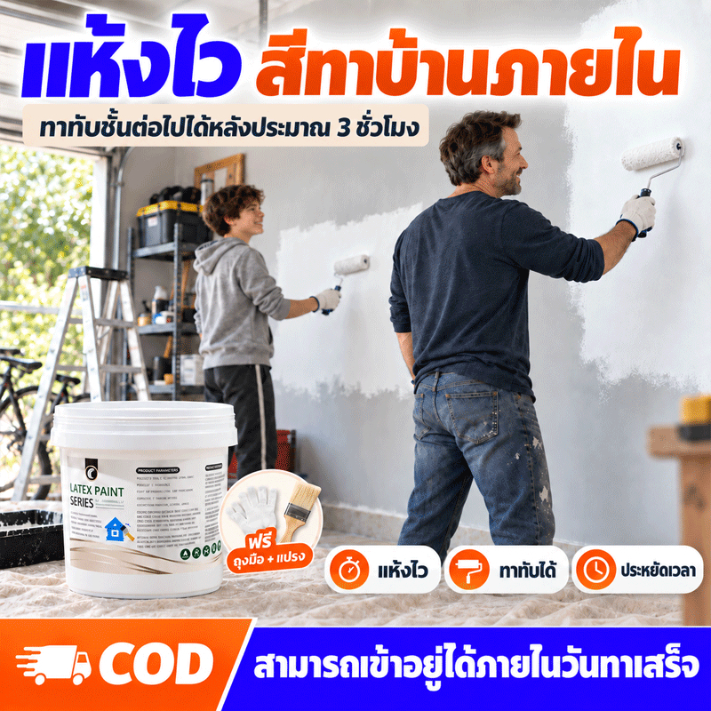 สีทาผนัง 1L/3L สีทาภายใน สีลาเท็กซ์ สีอะคริลิคแท้ สีทาบ้าน สีด้าน เช็ดล้างง่าย ป้องกันคราบสกปรก กันรา เหมาะสำหรับบ้าน