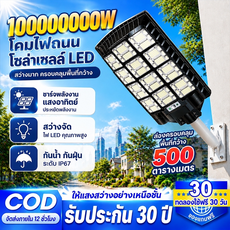 โซล่าเซลล์ ไฟถนน 10000000W ซื้อ 1 แถม 1 ไฟโซล่าเซลล์ IP67 กันน้ำและกันฟ้าผ่ LED Solar Light แสงสีขาว ระบบเซนเซอร์