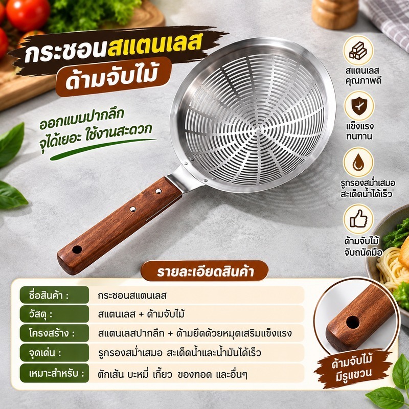 กระชอนสแตนเลสตักของทอด ด้ามไม้ แบบหนาทนทาน กระชอนกรองอาหาร มี22cm-24cm-26cm-28cm-30cm-32cm PT4 คุณภาพพรีเมี่ยม ทนทาน